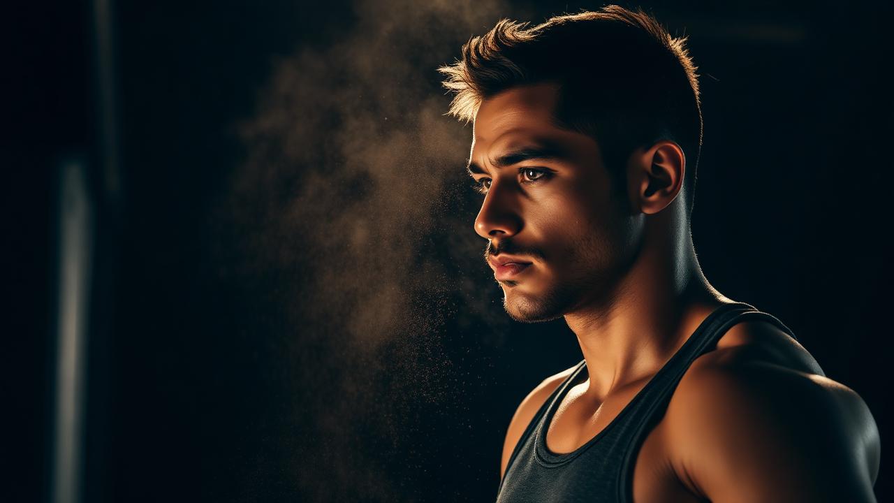 Atleta iniciante de CrossFit em luz lateral dramática com poeira de magnésio