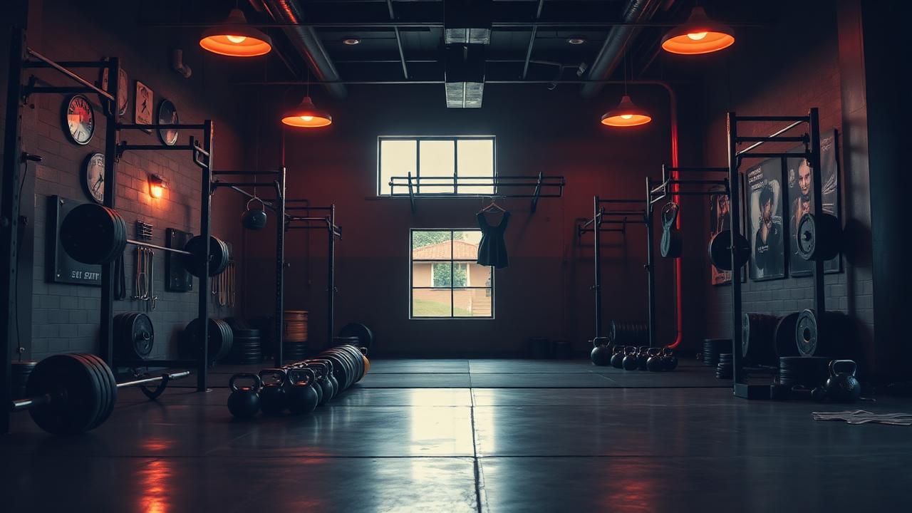 Interior moderno de um box de CrossFit com barras, kettlebells e iluminação dramática