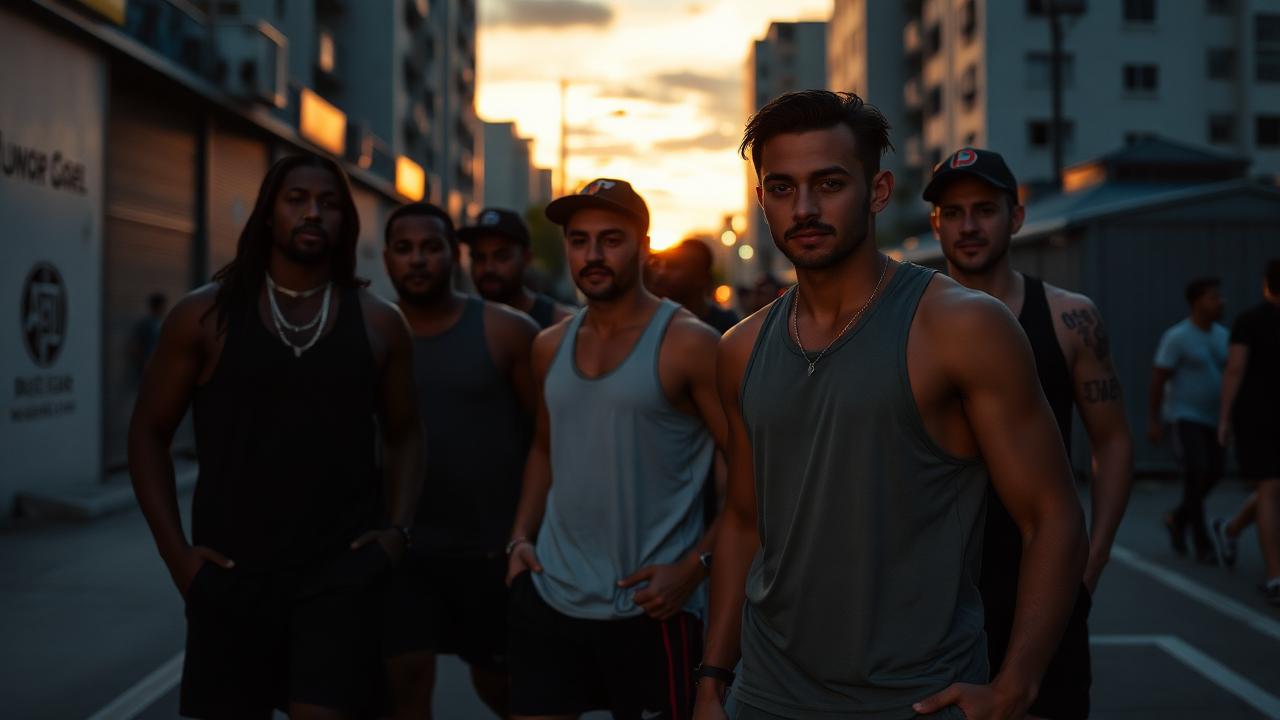 Grupo de atletas em streetwear em ambiente urbano ao entardecer no Rio de Janeiro